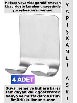Wintoup #askı Montaj Gerektirmeyen Kendinden Yapışkanlı Iz Bırakmaz Suya Neme Dayanıklı Mutfak Banyo Tıraş Bıçağı Havlu Lif Anahtar Küçük Eşya Fayans Cam Metal Mermer Çift Tırnaklı Çelik Askı 4 Adet