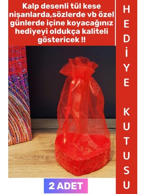 Wintoup #hediye Dekoratif Düğün Nişan Söz Kına Eş Nişanlı Sevgililer Günü Hediye Kutusu Çok Şık Simli Kalpli Kutu Kırmızı Tül Kese 2 Adet