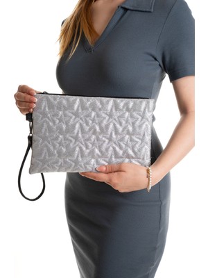 Sannora Bags Yıldız Nakışlı Siyah Portföy Çanta Kadın Clutch Bilek Askılı Astarlı Şık El Çantası