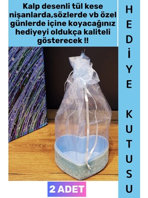 Wintoup #hediye Dekoratif Düğün Nişan Söz Kına Eş Nişanlı Sevgililer Günü Hediye Kutusu Çok Şık Simli Kalpli Kutu Mavi Tül Kese 2 Adet