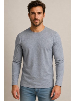 Axxel Erkek Gri Melanj Pamuklu Likralı Süprem Uzun Kollu T-SHIRT-D240