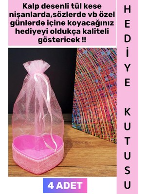 Wintoup #hediye Dekoratif Düğün Nişan Söz Kına Eş Nişanlı Sevgililer Günü Hediye Kutusu Çok Şık Simli Kalpli Kutu Pembe Tül Kese 4 Adet