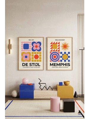 Tontilika Renkli Geometrik Sanat 2'li Ahşap Çerçeveli Tablo Seti