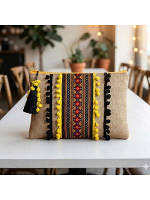 Ju Yaratıcı Tasarım Hasır Kadın Portföy & Clutch Çanta Ponponlu Otantik Desen