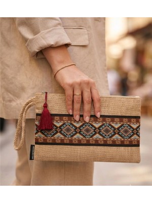 Ju Yaratıcı Tasarım Hasır Kadın Portföy Clutch Çanta Kahve