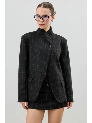 Antioch Siyah Kareli Dik Yaka Kadın Blazer Ceket