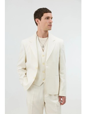 Antioch Ekru Keten Karışımlı Balıksırtı Desenli Erkek Blazer Ceket