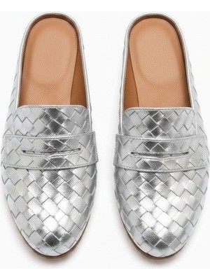 Ne&Ve Shoes Gümüş Örgü Detaylı Kadın Sabo Terlik