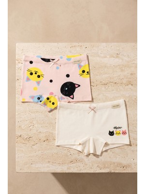 Katia & Bony Kız Çocuk Kedi Desenli 2'li Boxer Açık Pembe %95 Pamuklu Yumuşak Kumaşlı Esnek Bel Lastiği