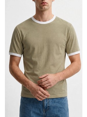 Antioch Haki Kontrast Yaka Erkek T-Shirt