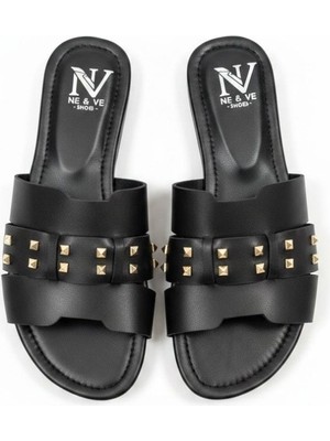 Ne&Ve Shoes Siyah Deri Pim Detaylı Kadın Terlik