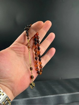 Bilekboy Hareli Sıkma Kehribar Tesbih 14K Altın Kaplama Püskül