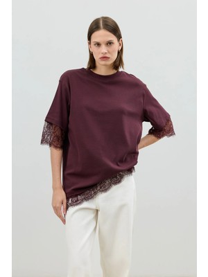 Antioch Bordo Dantel Detaylı Kadın T-Shirt