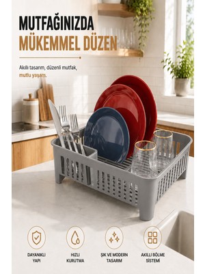 Fevito Bulaşıklık Tezgah Üstü Tabak Bardak Kurutmalık Plastik Bulaşık Sepeti 33X41 cm Gri S-10567
