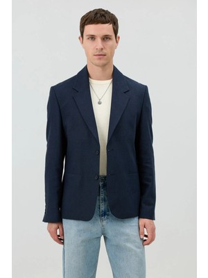 Antioch Lacivert Keten Karışımlı Balıksırtı Desenli Erkek Blazer Ceket