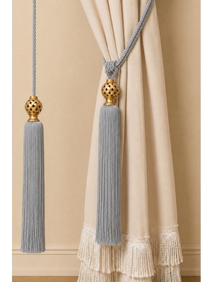 Mefaks Tekstil Altın Kafes Topuzlu Püsküllü Braçol Sarkıt Set 1 Braçol 1 Sarkıt Perde Aksesuarı Gri