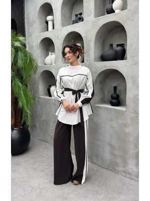 Cardella Lavin Premium Tnsl Kumaş Şerit Detaylı Kuşaklı Takım - Tesettür Uyumlu Pantolonlu Takım