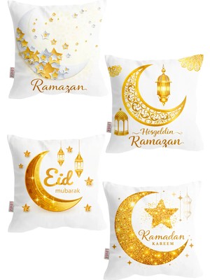 Lover Ramazan Motifli Çift Taraf Baskılı Beyaz Dijital Baskılı Kırlent Kılıfı 4lü