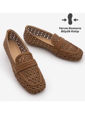 Marjin Kadın Loafer Küt Burun Fileli El Örgüsü Günlük Ayakkabı Doreli Taba Hasır