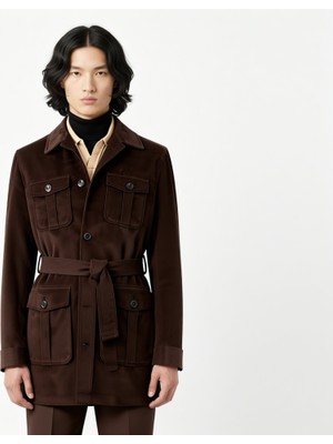 HC MEN CLASSIC Kahverengi Erkek Trençkot Kuşaklı Kadife Kumaş Modern Fit Safari Cepli Fitted Tasarım