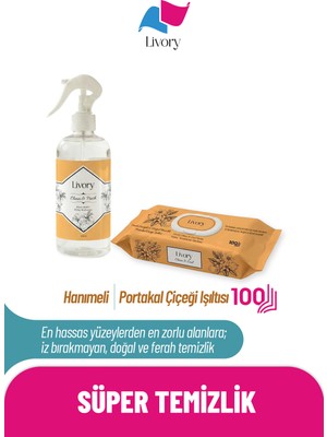 Livory Hanımeli Oda Kokusu 500 ml |clean & Cool Premium Islak Yüzey Temizlik Havlusu Portakal Çiçeği Kokulu 1x 100 ( 100 Yaprak)