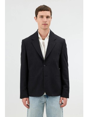Antioch Siyah Keten Karışımlı Balıksırtı Desenli Erkek Blazer Ceket