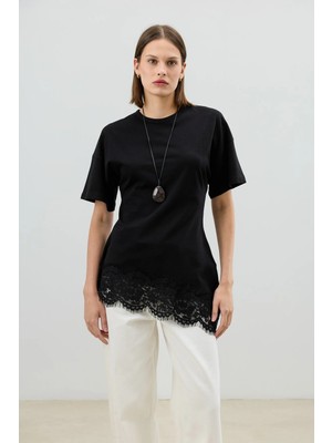 Antioch Siyah Dantelli Pamuklu Kadın T-Shirt