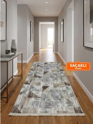 NarStore Home Dinar Saçaklı Gri Kahve Kaymaz Taban Yıkanabilir Kesme Yolluk Halı Modern Desen
