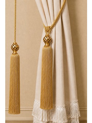 Mefaks Tekstil Altın Kafes Topuzlu Püsküllü Braçol Sarkıt Set 2 Braçol 1 Sarkıt Perde Aksesuarı Altın