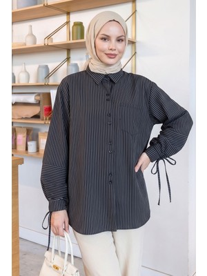 inStyle Kolu Bağlamalı Çizgili Siyah Gömlek