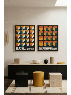 Tontilika Modern Geometrik Sanat 2'li Ahşap Çerçeveli Tablo Seti