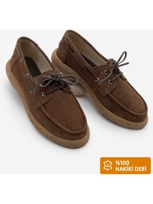 Marjin Kadın Hakiki Deri Bağlamalı Loafer Günlük Ayakkabı Enita Kahve Süet
