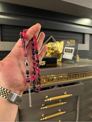 Nadir Çıkan Pembe Mor Damarlı Ateş Kehribar Tesbih 925 Ayar Mineli Gümüş Püskül