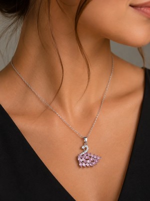 Zuum Pembe Zirkon Taşlı Kuğu Model Kadın Kolye Gümüş , Gri Çelik Kolye