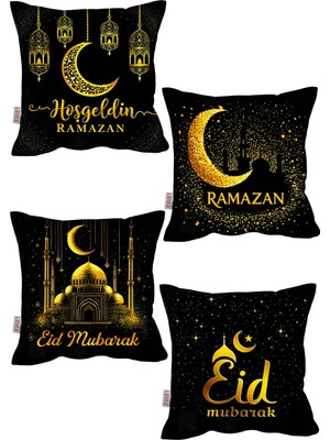 Lover Ramazan Motifli Çift Taraf Baskılı Siyah Dijital Baskılı Kırlent Kılıfı 4lü