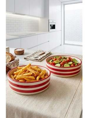 Evin Bizden Modern Ritim Serisi Kırmızı Çizgili Desen 2'li Sunum ve Servis Kaseleri Seramik 14 cm Sunumluk