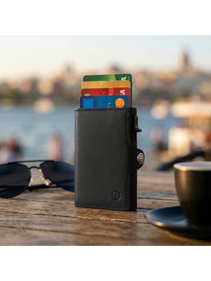 Trusador Palma Siyah Mekanizmalı Ikiye Katlanır Kartlık Hakiki Deri Cüzdan Unisex Kadın Erkek Rfid Korumalı