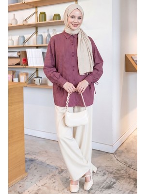 inStyle Kolu Bağlamalı Çizgili Bordo Gömlek