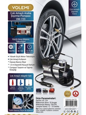 Volemi VM-723 Çok Amaçlı Araç Lastik Şişirme Pompası Hava Kompresörü 12V 250 Psı Çakmaklık Girişli