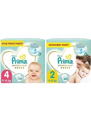 Bebek Bezi Premium Care 4 Beden 126 Adet Maxi Aylık Fırsat Paketi & Bebek Bezi Premium Care 2 Beden 60 Adet Mini Paket