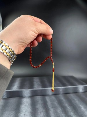 Premium 4 Parmak Alman Sıkma Kehribar Tesbih 22K Altın Kaplama Özel Tasarım Püskül