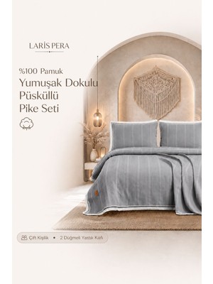 Larispera %100 Pamuk Çift Kişilik Püsküllü Pike Yatak Örtüsü Seti Waffle Dokulu Bordürlü +2 Adet Yastık Kılıfı