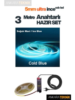 Ankara Teknik 5mm Ultra Ince Cob Şerit LED 12VOLT – Tak Çalıştır Anahtarlı Set (Metre Seçiniz)