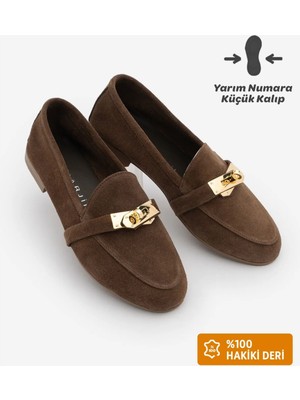 Marjin Kadın Loafer Hakiki Deri Tokalı Makosen Günlük Ayakkabı Nador Kahve Süet
