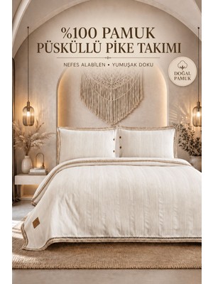 Larispera %100 Pamuk Çift Kişilik Püsküllü Pike Yatak Örtüsü Seti Waffle Dokulu Bordürlü +2 Adet Yastık Kılıfı