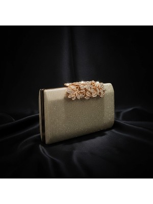 Dilorans Dilora Collection Lüks Görünümlü Gold Taş Işlemeli Abiye Çanta Işıltılı Clutch Portföy Düğün Nişan Gece Davet Çantası