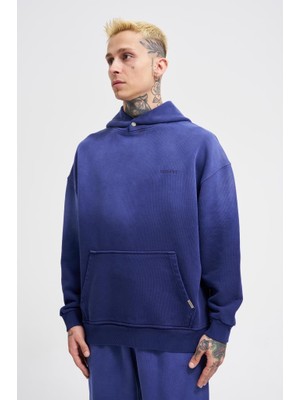 Erkek Gradient Yıkamalı Kapüşonlu Sweatshirt Gece Mavisi