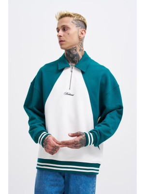 Machinist Erkek Işleme Detaylı Polo Sweatshirt Ekru-Yağ Yeşili