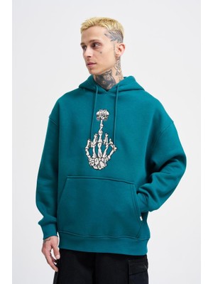 Machinist Erkek Middle Finger Baskılı Kapüşonlu Oversize Sweatshirt Petrol Yeşili