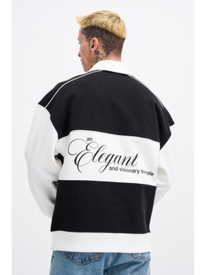Machinist Erkek Contrast And Piped Polo Sweatshirt Siyah-Ekru